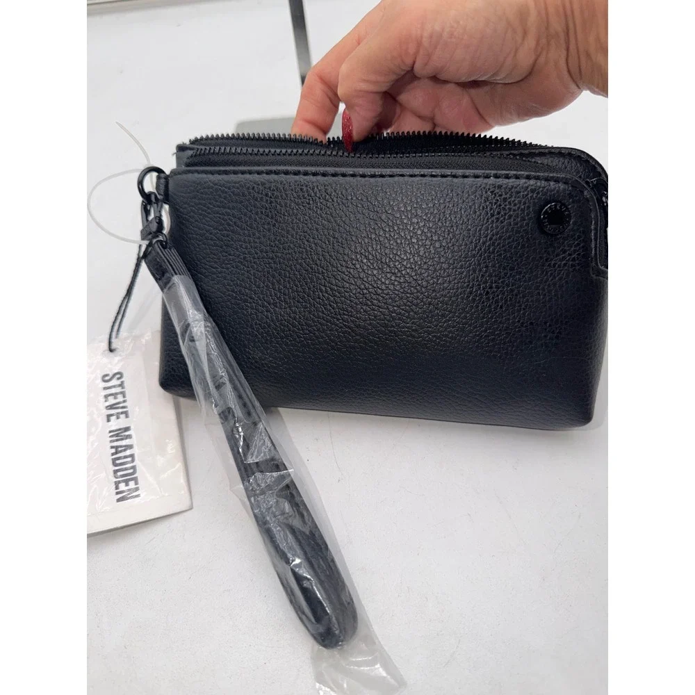 Steve Madden BTRELL Wristlet Black Pebbled Faux Leather Triple Zip MO192525